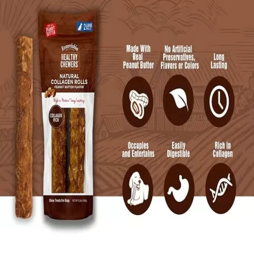 Healthy Chewers Peanut Butter Collagen Rolls - High Protein, Long Lasting Treats for Large Dogs