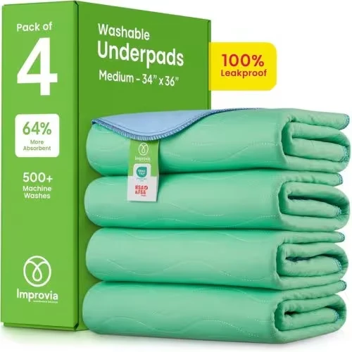 IMPROVIA® Washable Underpads, 34"x36" (4-Pack) - Heavy Absorbency, 100% Leakproof & Reusable Bed Pads for Incontinence. Ultimate Protection for Beds, Couches, Kids, Adults, Elderly & Pets. Soft, Durable & Easy-Clean.