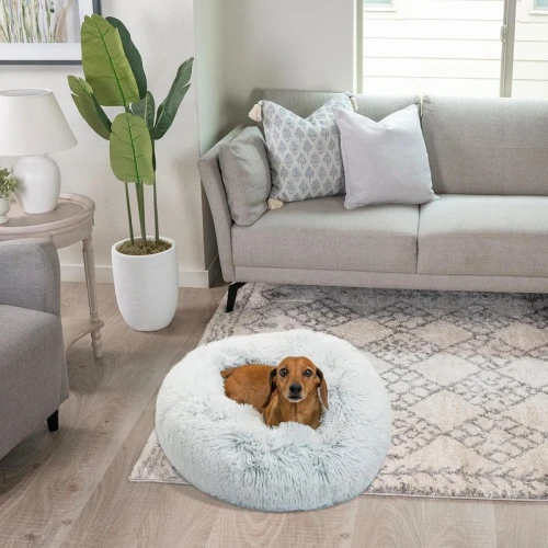 Best Friends by Sheri Original Calming Donut Dog & Cat Bed – Luxurious Shag Faux Fur for Anxiety Relief, Orthopedic Support & Unrivaled Comfort (23in, Frost Gray)