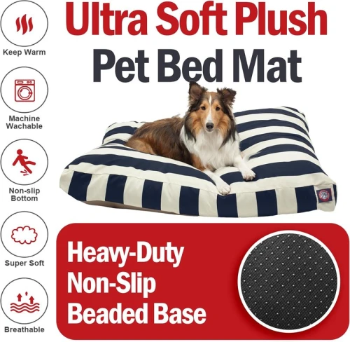 Majestic Pet Large Rectangle Dog Bed 44x36x5" – Washable Cover for Large Breeds – Durable Indoor/Outdoor Pet Cushion with Plush Polyester Fill & Stylish Navy Blue Stripe