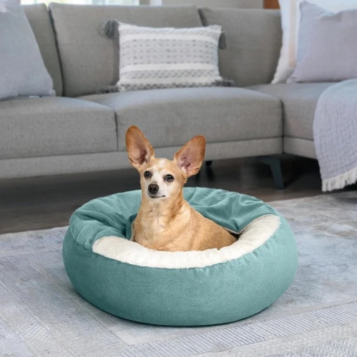 Best Friends by Sheri Cozy Cuddler Ilan Covered Cat & Dog Bed with Attached Blanket - Self-Warming Burrow Pet Bed for Small Dogs & Cats, Machine Washable, Tide Pool Blue, 24x24 Inch