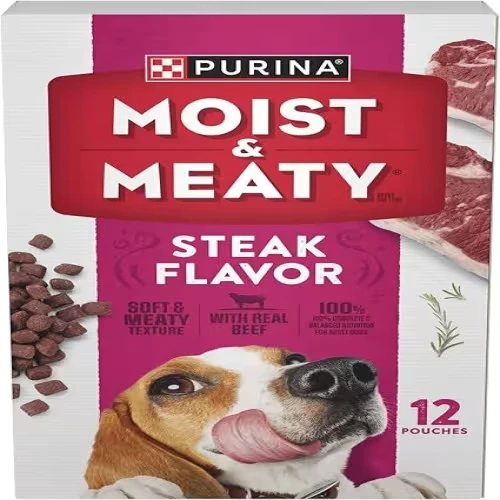Moist and Meaty Steak Flavor Soft Dog Food Pouches - Delicious Real Beef for Happy Adult Dogs