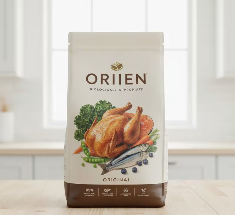 A happy dog enjoying ORIJEN Original Recipe