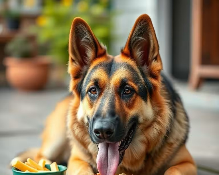 A senior German Shepherd dog enjoying a delicious and healthy meal