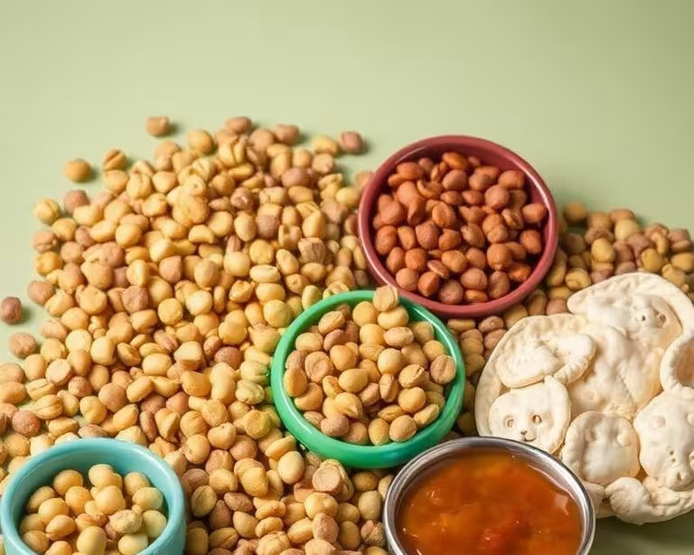Variety of high-quality dog food kibbles and wet food in a visually appealing arrangement