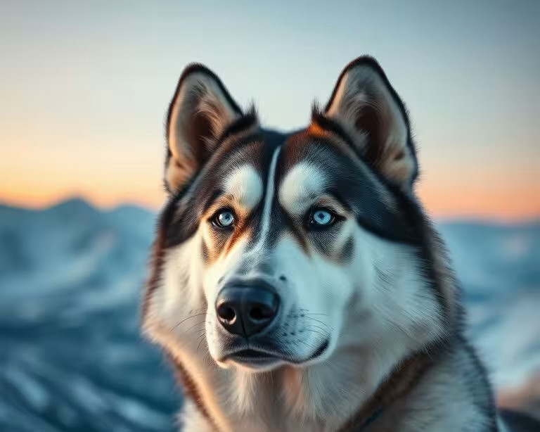 A majestic Alaskan Malamute, eyes filled with serene wisdom, gazing out at a snow-covered mountain range at dawn, photorealistic, 8k resolution, cinematic lighting, sharp focus, award-winning photography