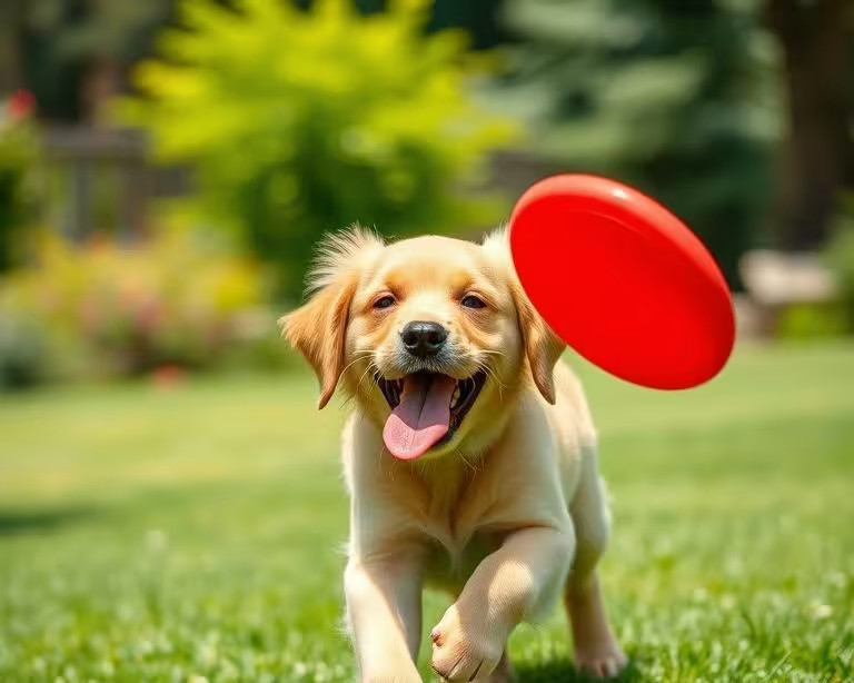 A playful golden retriever puppy, tongue lolling out, joyfully chasing a bright red frisbee across a lush green lawn on a sunny afternoon, hyperrealistic, high detail, shallow depth of field, Canon EOS R5