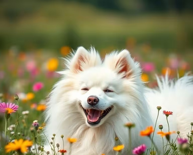 A fluffy Samoyed dog, radiating pure joy, playfully rolling around in a field of wildflowers on a breezy summer day, vibrant colors, bokeh effect, immaculate fur detail, breathtaking scenery