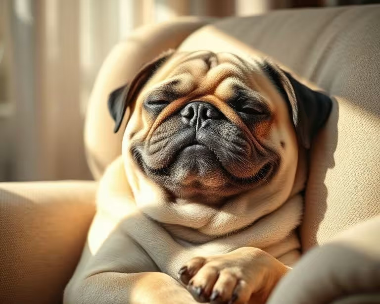 An elderly pug, eyes crinkled in a contented smile, peacefully sleeping in a sunbeam on a cozy armchair, soft lighting, warm tones, exquisite detail, highly realistic fur rendering