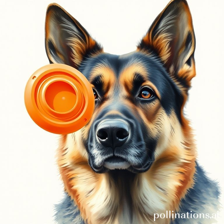 A majestic German Shepherd, eyes focused intently on a flying orange frisbee, watercolor painting, realistic anatomy, calm demeanor, painterly brushstrokes.
