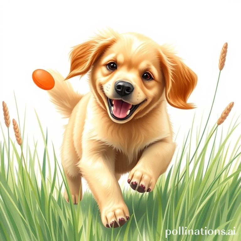 A goofy Golden Retriever puppy tumbling through tall grass after a bright orange frisbee, pastel drawing, cheerful expression, soft light, detailed fur texture.