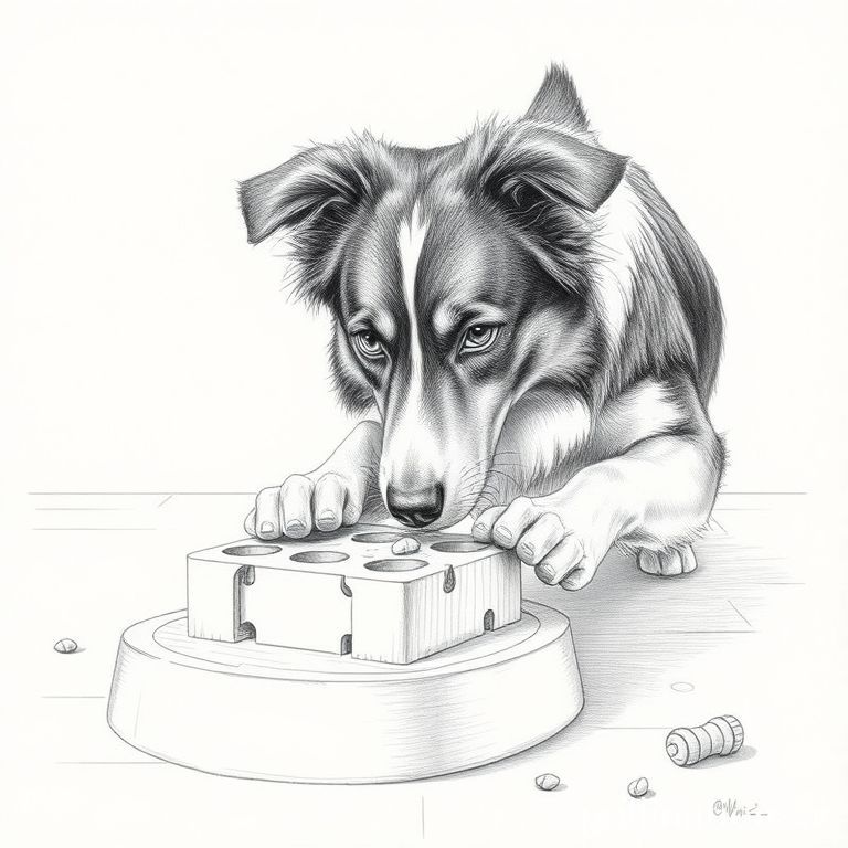 An intricate pencil drawing of an intelligent and determined Border Collie, meticulously pawing at a complex puzzle feeder, a small treat just starting to emerge. The setting is a clean, minimalist pet play area with a few scattered chew toys. Keywords: Fine lines, delicate shading, high contrast, sharp focus, intelligent gaze, detailed fur, sense of concentration and problem-solving.