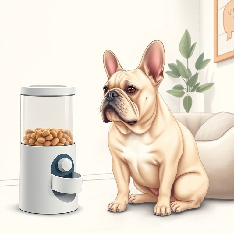 A soft pastel drawing of a calm and thoughtful French Bulldog, sitting patiently next to an adjustable treat dispenser, waiting for the mechanism to release a reward. The setting is a modern, chic pet corner with a comfortable dog bed and a potted plant. Keywords: Muted tones, delicate blending, gentle light, serene expression, subtle textures, sense of quiet anticipation, fuzzy, soft appearance.