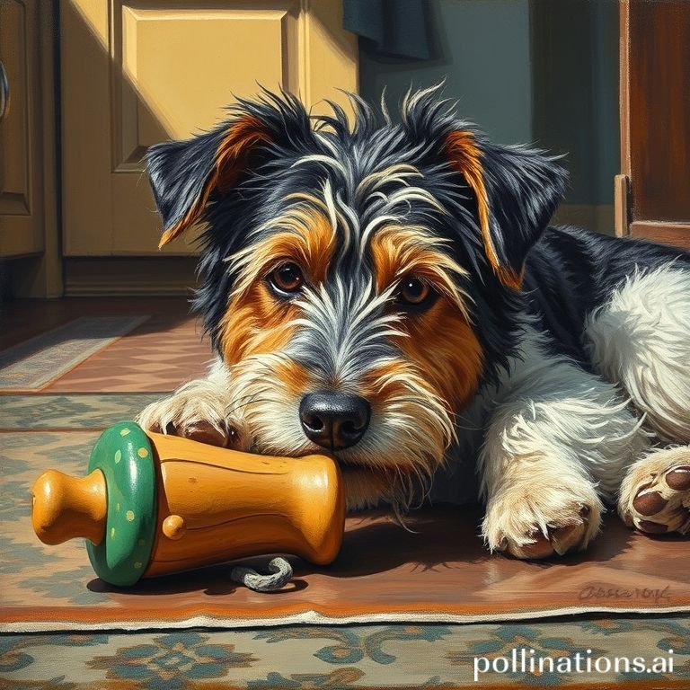 An expressive oil painting of a content and satisfied medium-sized scruffy terrier mix, lying down with its head resting near a slow feeder puzzle toy that is now empty. The setting is a rustic kitchen floor with a patterned rug, bathed in early morning light. Keywords: Rich, deep colors, visible brushstrokes, dramatic chiaroscuro lighting, textured fur, thoughtful gaze, a sense of accomplishment and calm.